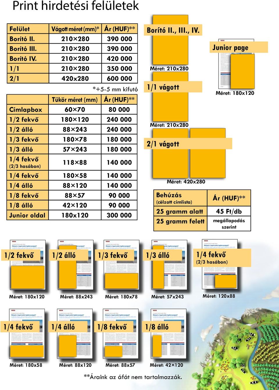 1/3 álló 57 243 180 000 1/4 fekvő (2/3 hasábon) 118 88 140 000 1/4 fekvő 180 58 140 000 1/4 álló 88 120 140 000 1/8 fekvő 88 57 90 000 1/8 álló 42 120 90 000 Junior oldal 180x120 300 000 Borító II.