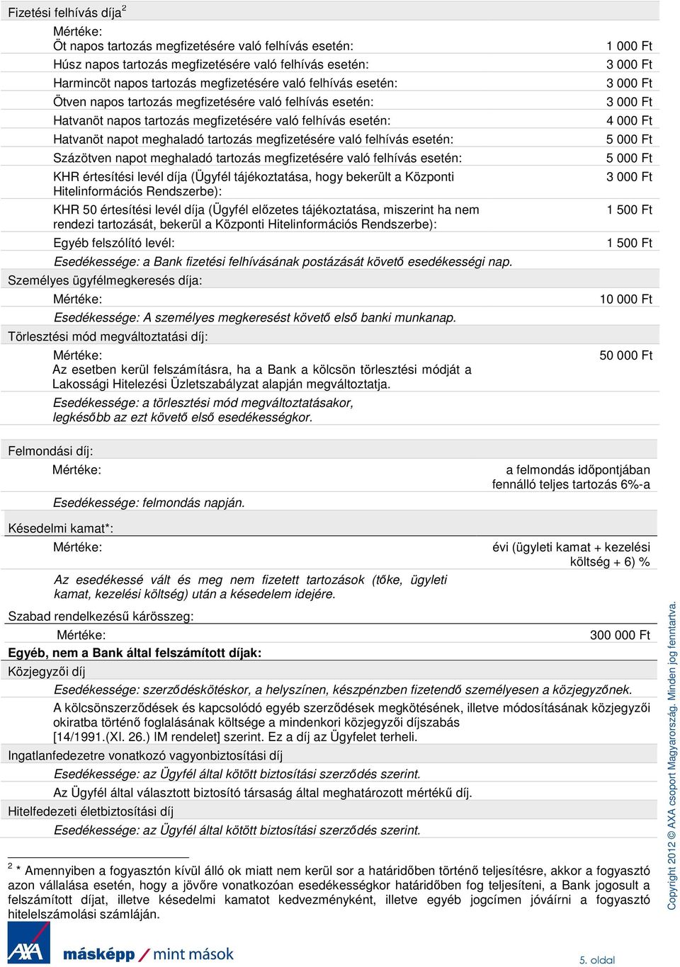 napot meghaladó tartozás megfizetésére való felhívás esetén: KHR értesítési levél díja (Ügyfél tájékoztatása, hogy bekerült a Központi Hitelinformációs Rendszerbe): KHR 50 értesítési levél díja