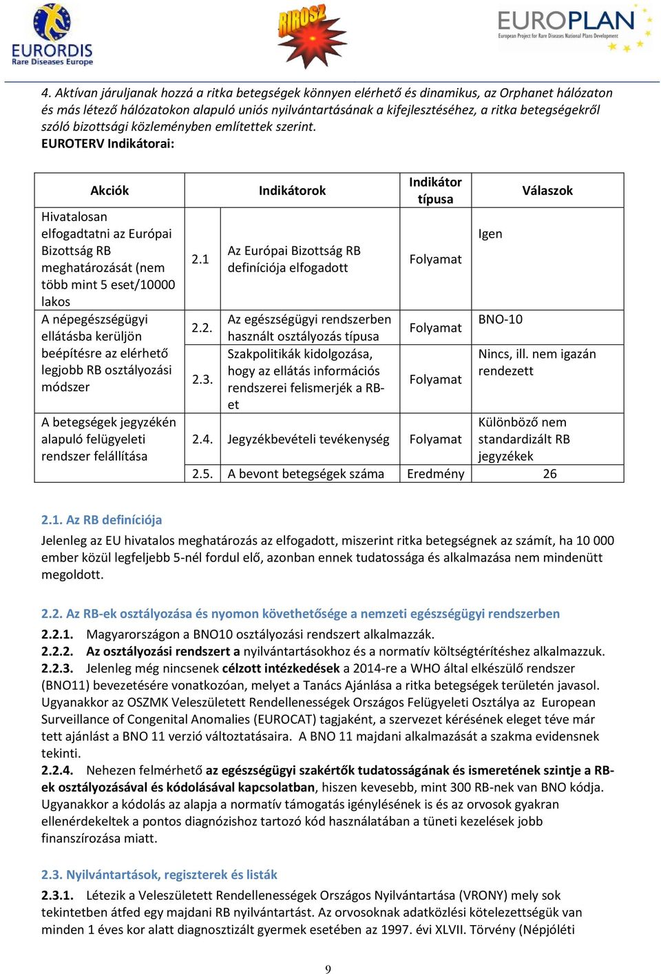 EUROTERV Indikátorai: Akciók Hivatalosan elfogadtatni az Európai Bizottság RB meghatározását (nem több mint 5 eset/10000 lakos A népegészségügyi ellátásba kerüljön beépítésre az elérhető legjobb RB