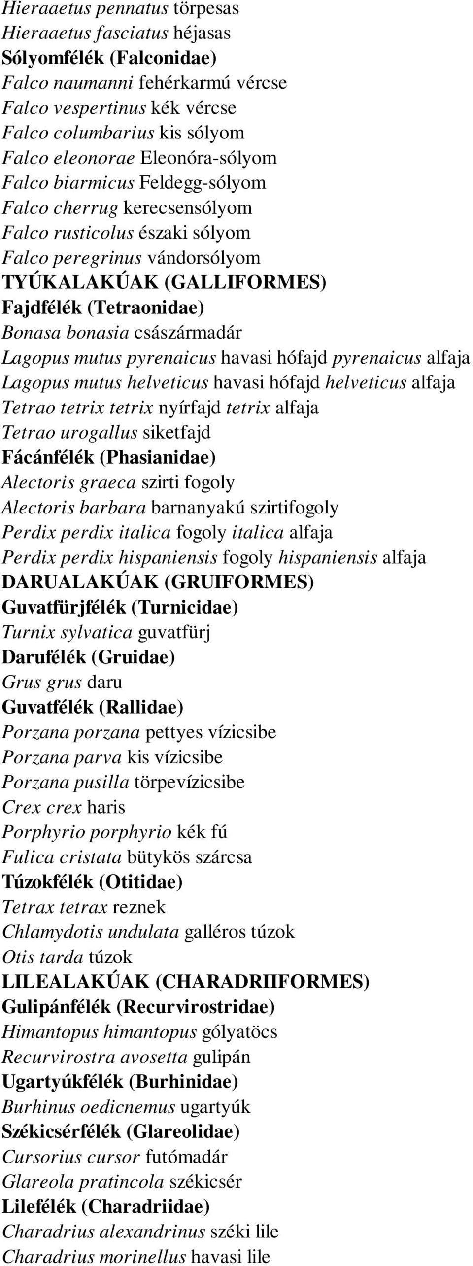 bonasia császármadár Lagopus mutus pyrenaicus havasi hófajd pyrenaicus alfaja Lagopus mutus helveticus havasi hófajd helveticus alfaja Tetrao tetrix tetrix nyírfajd tetrix alfaja Tetrao urogallus