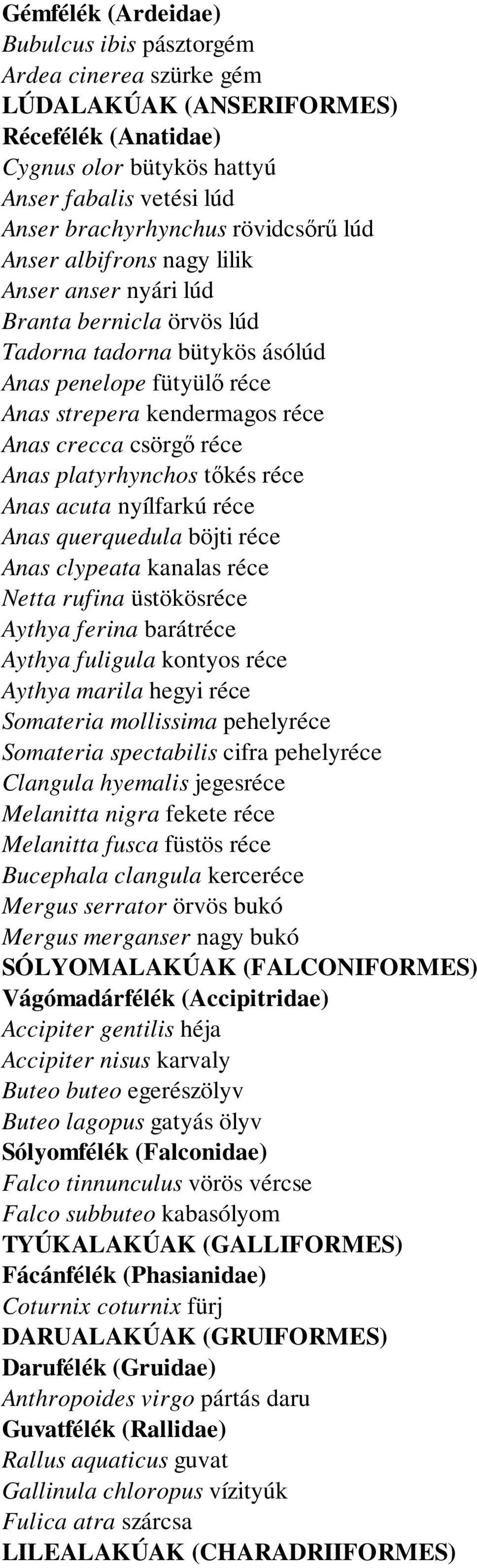 réce Anas platyrhynchos tőkés réce Anas acuta nyílfarkú réce Anas querquedula böjti réce Anas clypeata kanalas réce Netta rufina üstökösréce Aythya ferina barátréce Aythya fuligula kontyos réce