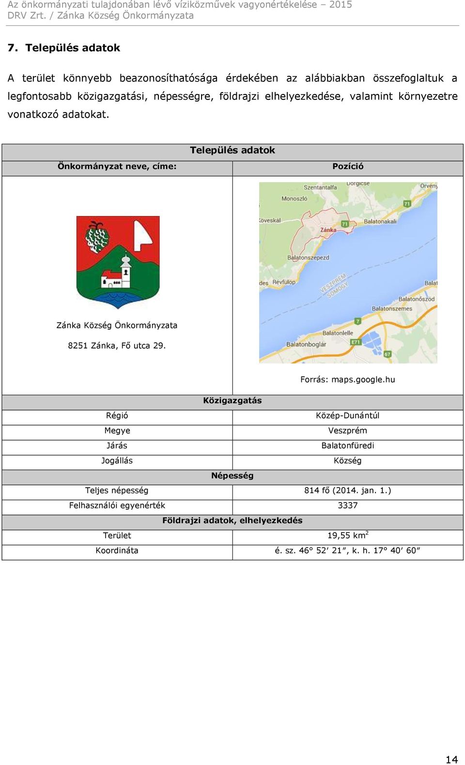 Település adatok Önkormányzat neve, címe: Pozíció Zánka Község Önkormányzata 8251 Zánka, Fő utca 29. Forrás: maps.google.