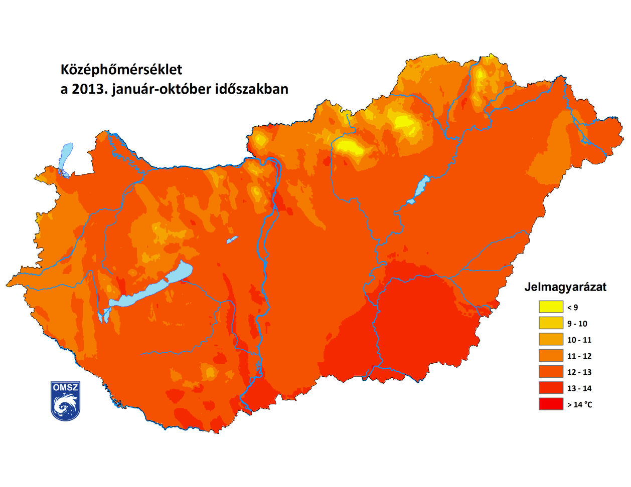 3. ábra A 2013. január-október időszak középhőmérséklete Az idei év első tíz hónapja mindenütt melegebb volt az 1971-2000-es időszak átlagánál (4. ábra).