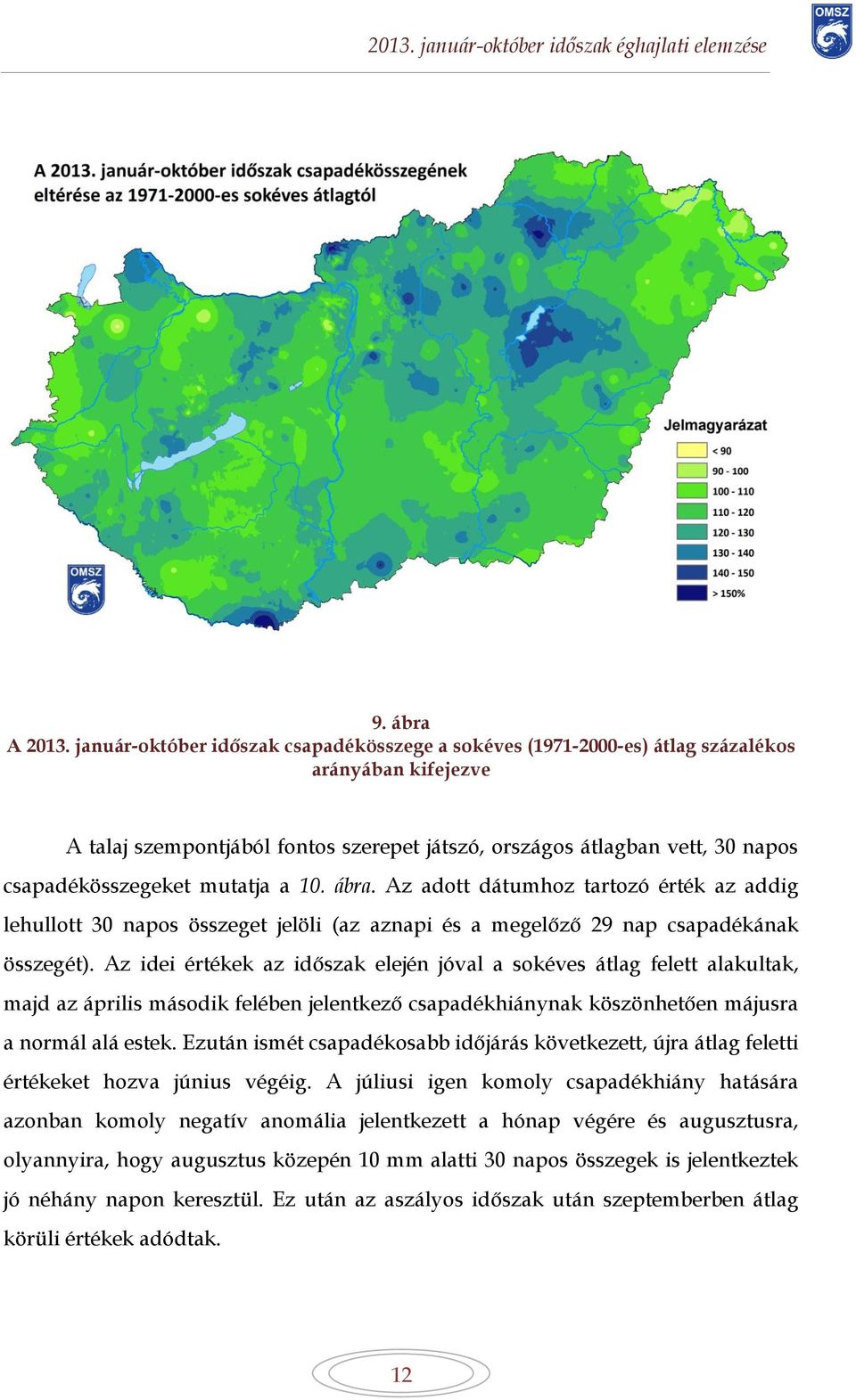 mutatja a 10. ábra. Az adott dátumhoz tartozó érték az addig lehullott 30 napos összeget jelöli (az aznapi és a megelőző 29 nap csapadékának összegét).