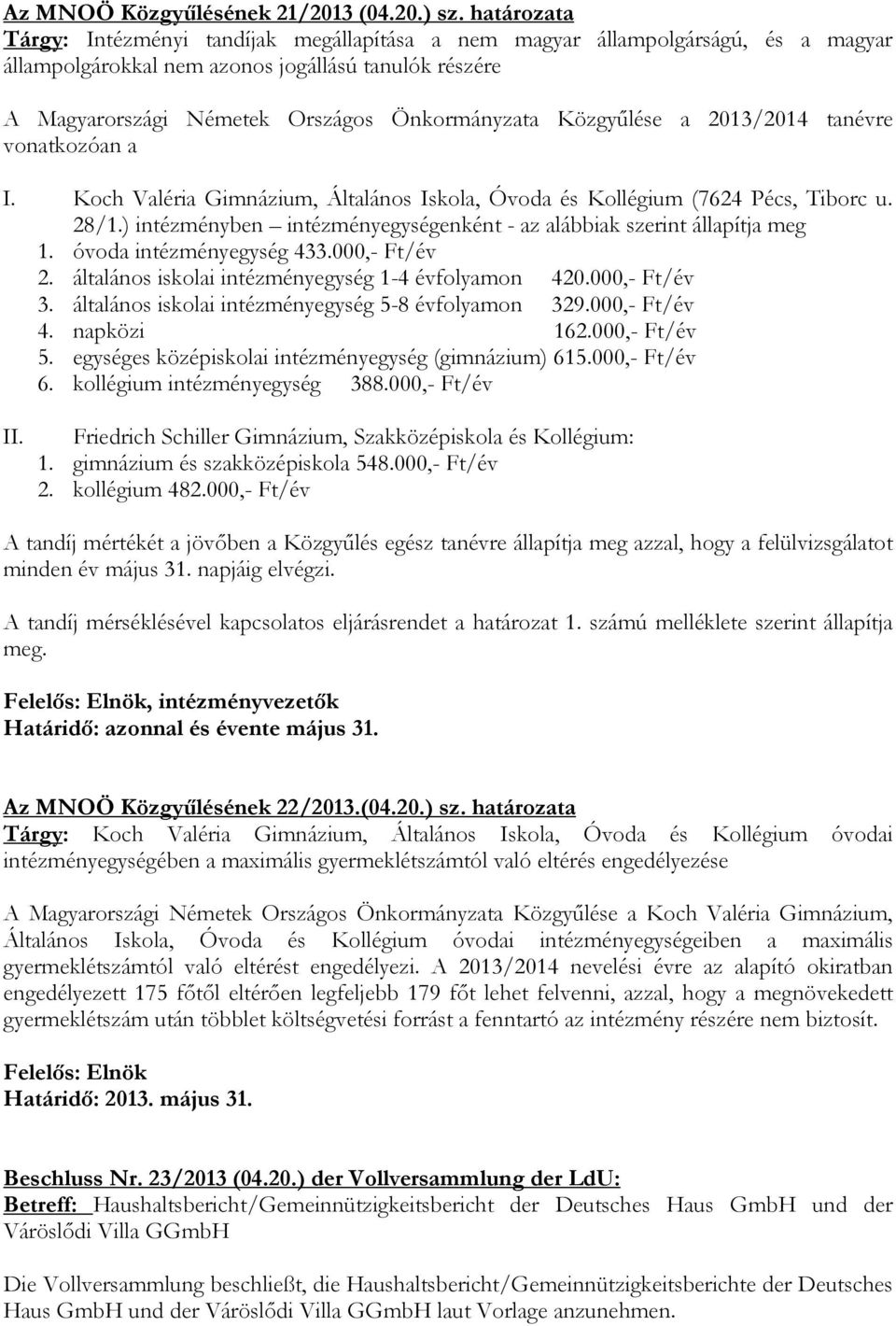 Közgyűlése a 2013/2014 tanévre vonatkozóan a I. Koch Valéria Gimnázium, Általános Iskola, Óvoda és Kollégium (7624 Pécs, Tiborc u. 28/1.