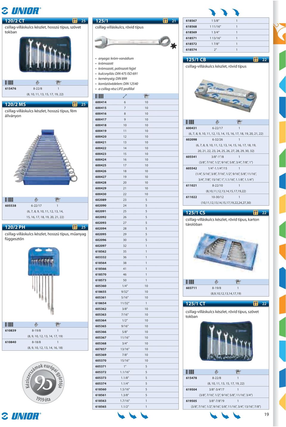 22) 120/2 PH 25 csillag-villáskulcs készlet, hosszú típus, műanyag függesztőn 610839 8-19/8 1 (8, 9, 10, 12, 13, 14, 17, 19) 610840 8-18/8 1 (8, 9, 10, 12, 13, 14, 16, 18) Kéziszerszámok európai