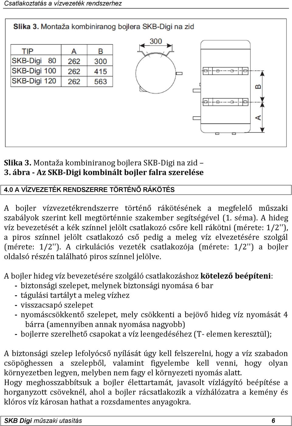 A hideg víz bevezetését a kék színnel jelölt csatlakozó csőre kell rákötni (mérete: 1/2''), a piros színnel jelölt csatlakozó cső pedig a meleg víz elvezetésére szolgál (mérete: 1/2'').