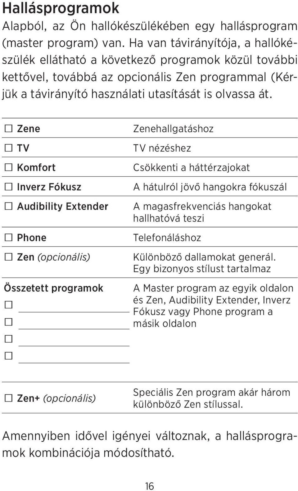 Zene TV Komfort Inverz Fókusz Audibility Extender Phone Zen (opcionális) Összetett programok Zenehallgatáshoz TV nézéshez Csökkenti a háttérzajokat A hátulról jövő hangokra fókuszál A