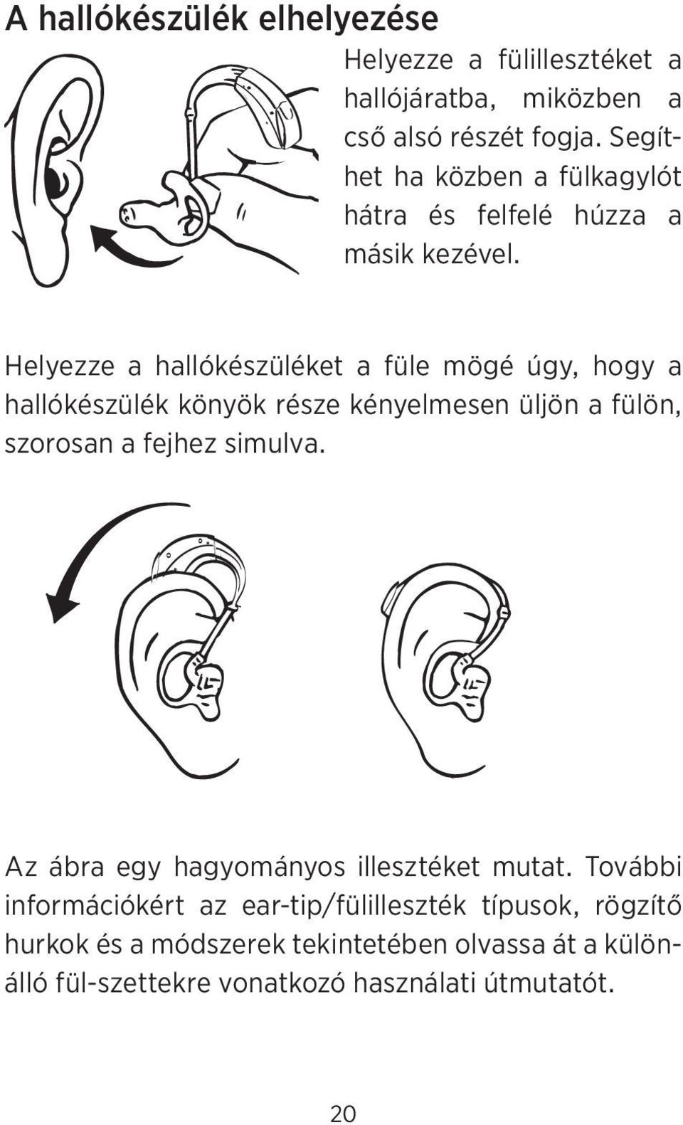 Helyezze a hallókészüléket a füle mögé úgy, hogy a hallókészülék könyök része kényelmesen üljön a fülön, szorosan a fejhez simulva.