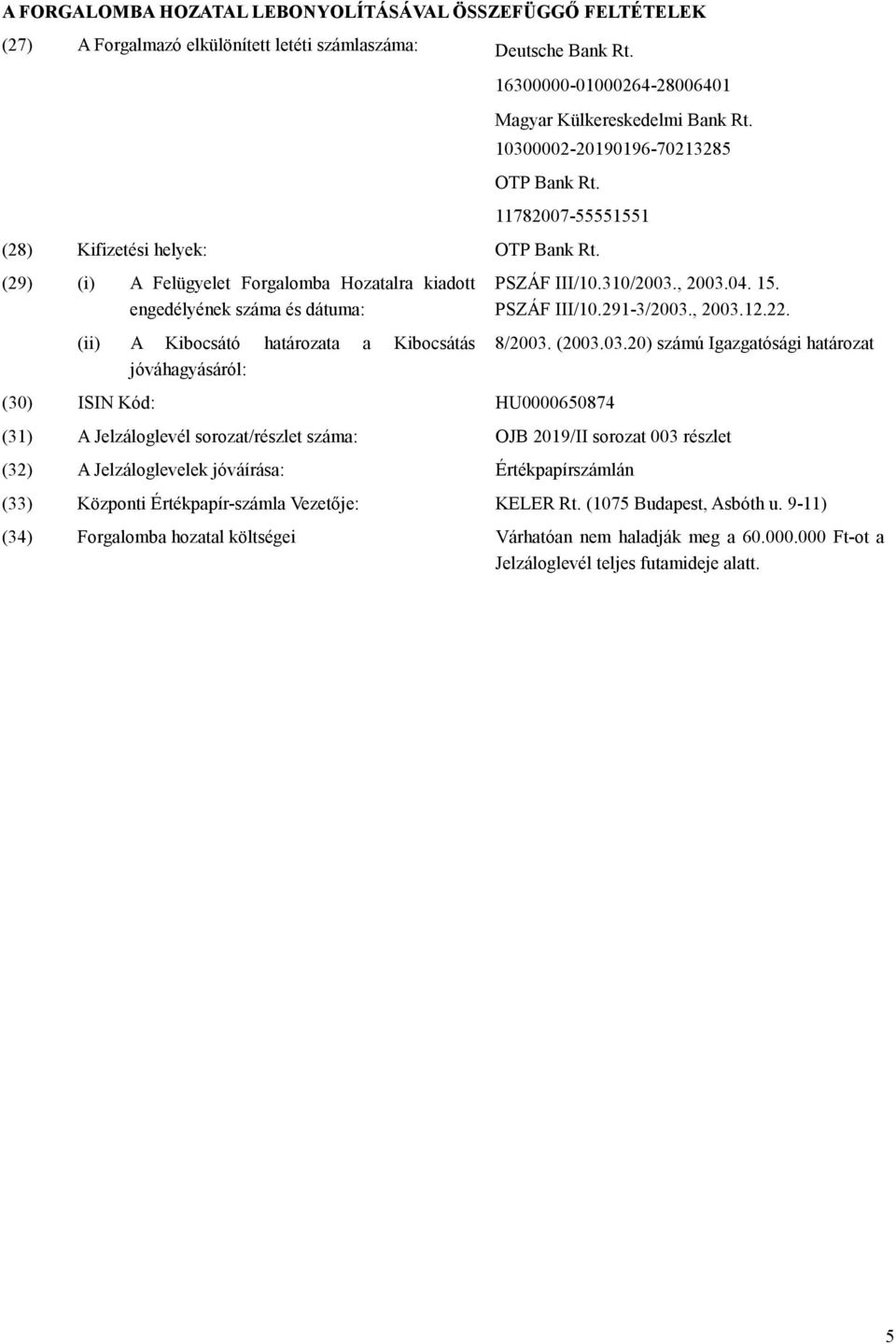 (29) (i) A Felügyelet Forgalomba Hozatalra kiadott engedélyének száma és dátuma: (ii) A Kibocsátó határozata a Kibocsátás jóváhagyásáról: (30) ISIN Kód: HU0000650874 PSZÁF III/10.310/2003., 2003.04.