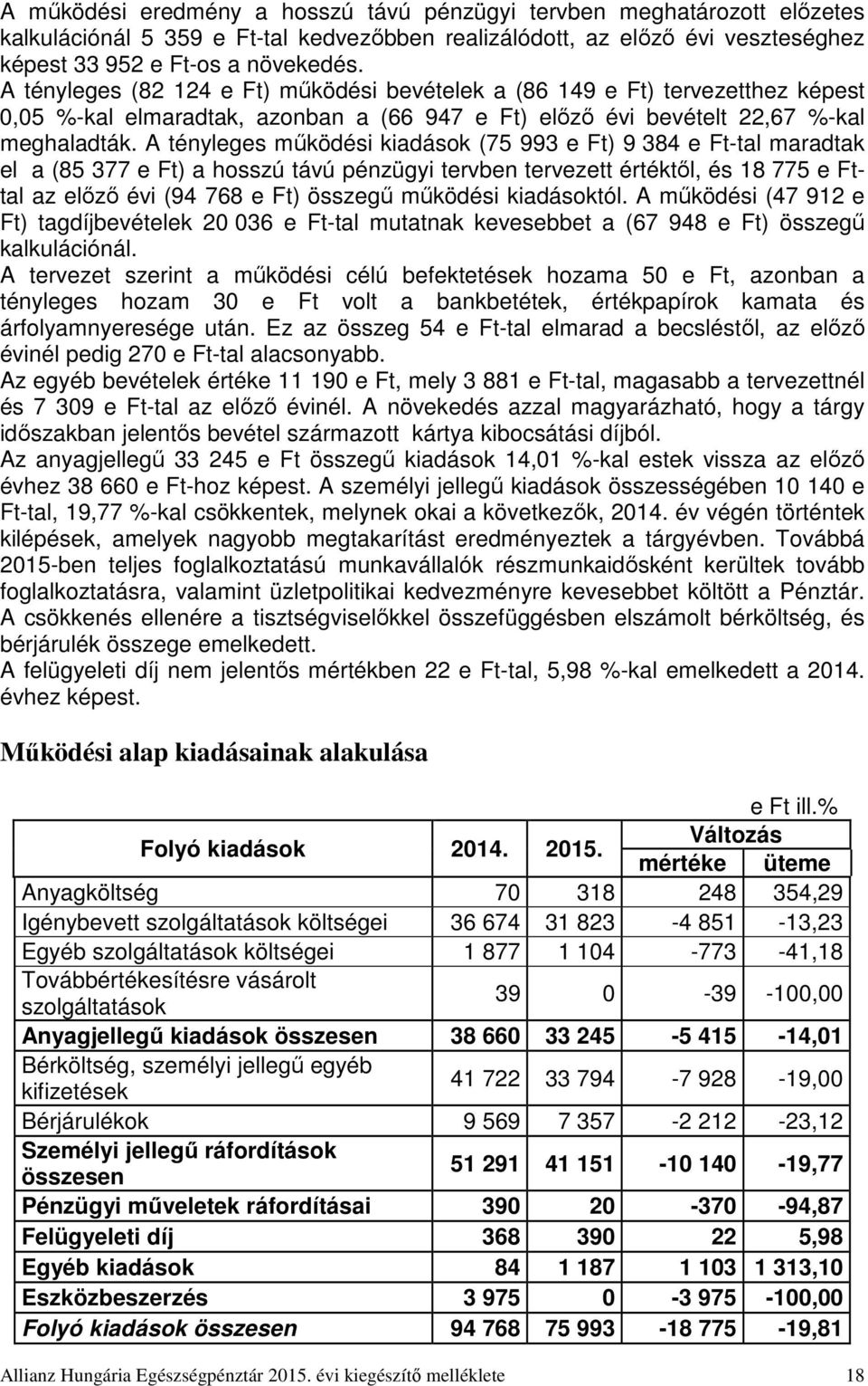 A tényleges működési kiadások (75 993 e Ft) 9 384 e Ft-tal maradtak el a (85 377 e Ft) a hosszú távú pénzügyi tervben tervezett értéktől, és 18 775 e Fttal az előző évi (94 768 e Ft) összegű működési