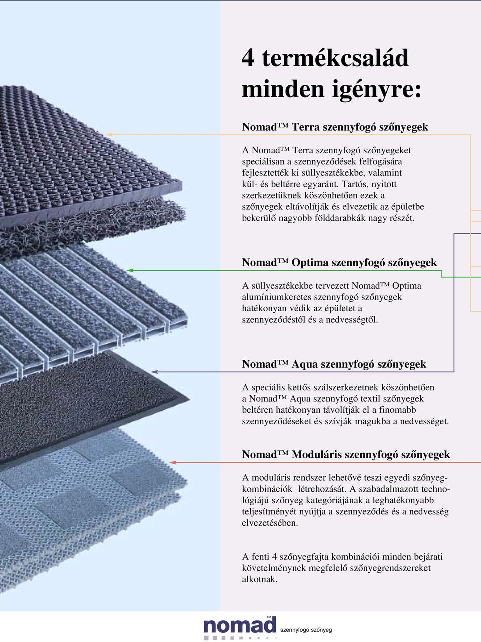 Nomad Optima ek A süllyesztékekbe tervezett Nomad Optima alumíniumkeretes ek hatékonyan védik az épületet a szennyezôdéstôl és a nedvességtôl.