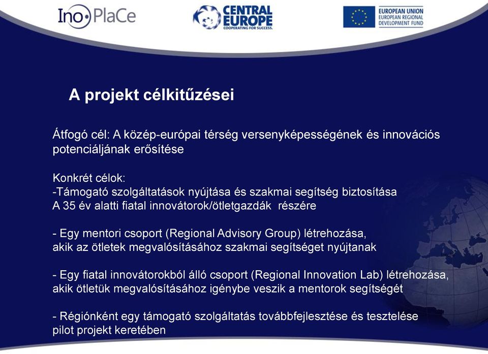 Group) létrehozása, akik az ötletek megvalósításához szakmai segítséget nyújtanak - Egy fiatal innovátorokból álló csoport (Regional Innovation Lab)