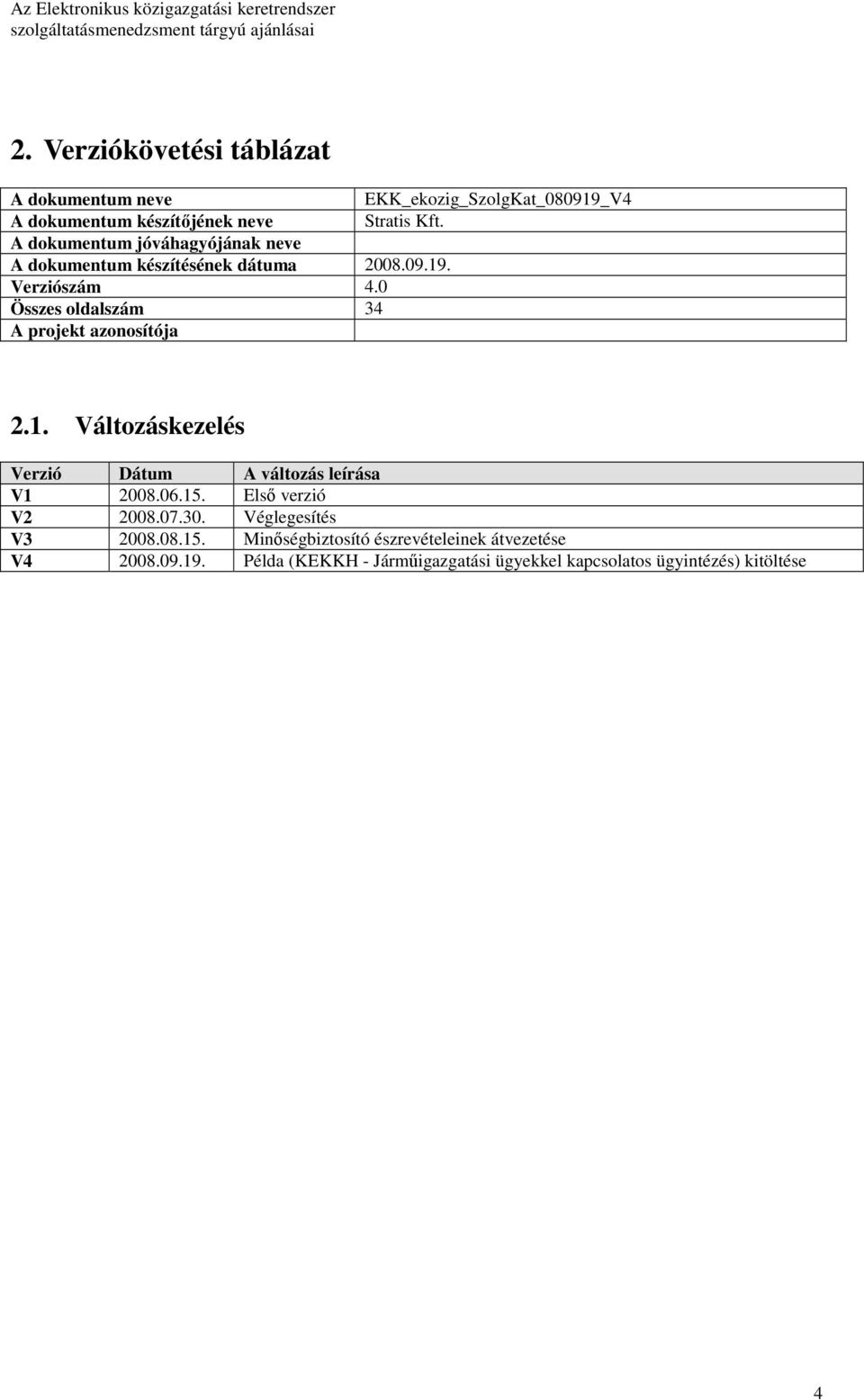 0 Összes oldalszám 34 A projekt azonosítója 2.1. Változáskezelés Verzió Dátum A változás leírása V1 2008.06.15.