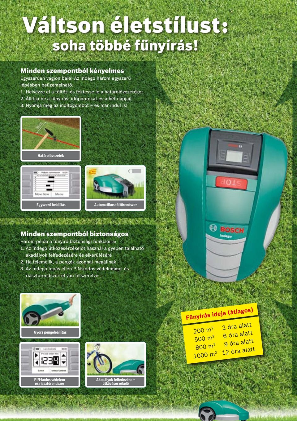 Határolóvezeték Egyszerű beállítás Automatikus töltőrendszer Minden szempontból biztonságos Három példa a fűnyíró biztonsági funkcióira: 1.