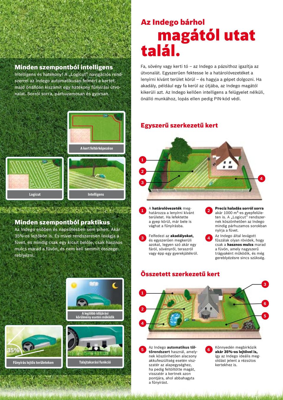 Egyszerűen fektesse le a határolóvezetéket a lenyírni kívánt terület körül és hagyja a gépet dolgozni. Ha akadály, például egy fa kerül az útjába, az Indego magától kikerüli azt.