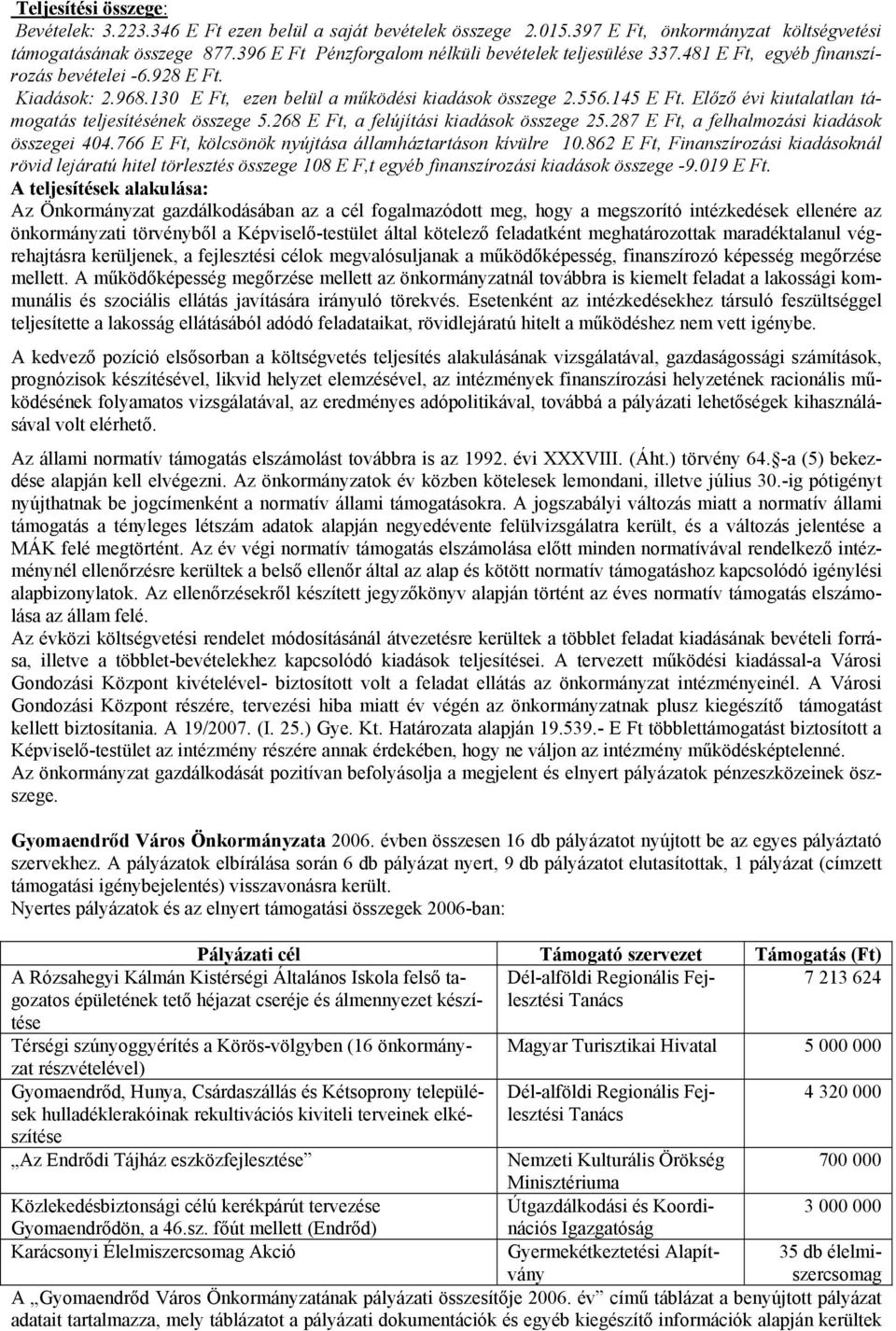 Előző évi kiutalatlan támogatás teljesítésének összege 5.268 E Ft, a felújítási kiadások összege 25.287 E Ft, a felhalmozási kiadások összegei 404.