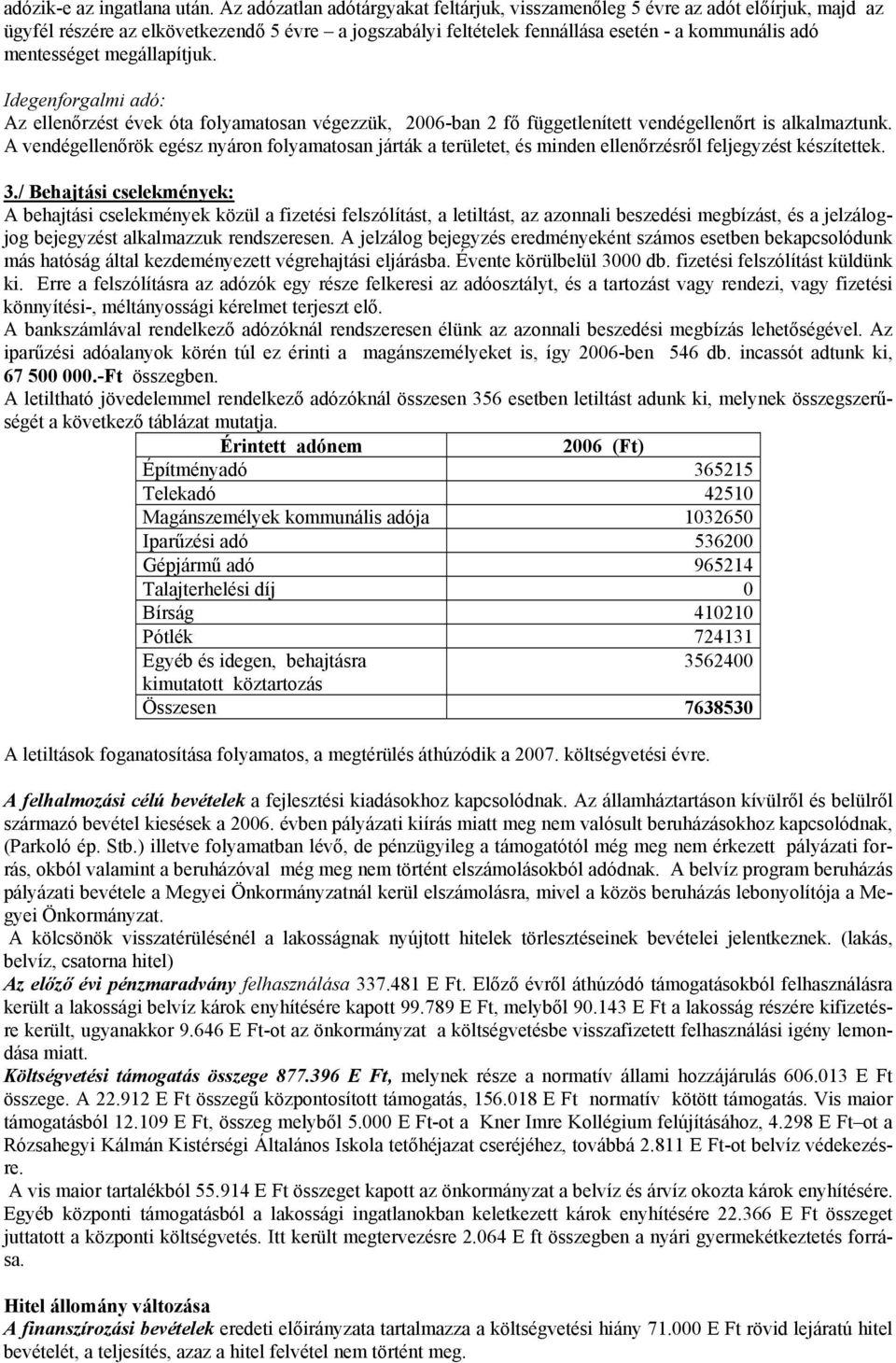 megállapítjuk. Idegenforgalmi adó: Az ellenőrzést évek óta folyamatosan végezzük, 2006-ban 2 fő függetlenített vendégellenőrt is alkalmaztunk.