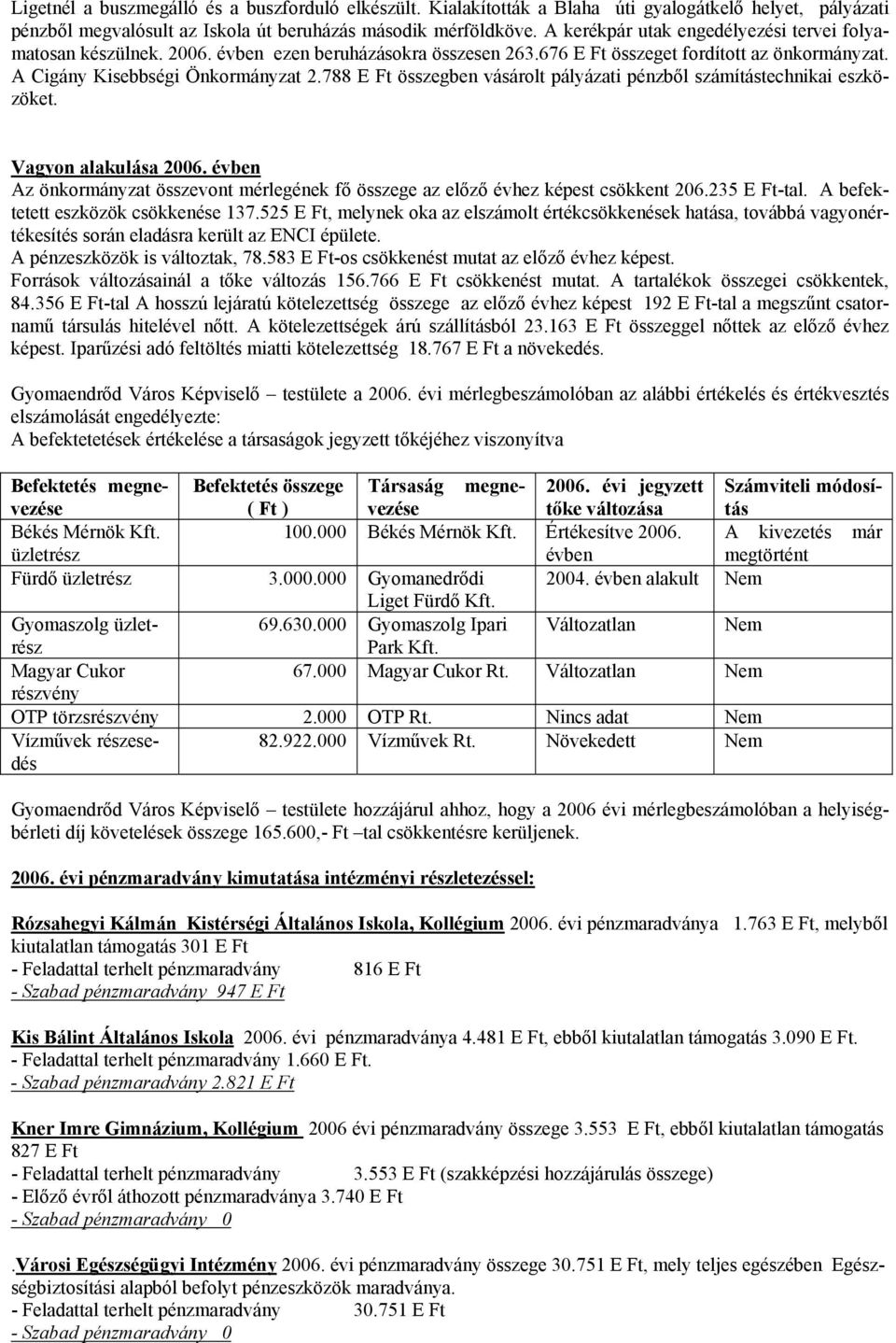 788 E Ft összegben vásárolt pályázati pénzből számítástechnikai eszközöket. Vagyon alakulása 2006. évben Az önkormányzat összevont mérlegének fő összege az előző évhez képest csökkent 206.