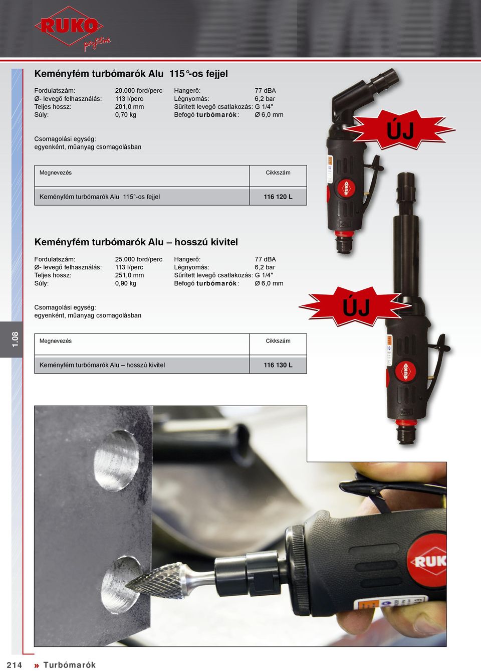 G 1/4" Befogó turbómarók: Ø 6,0 ÚJ Keményfém turbómarók 115 -os fejjel 116 120 L Keményfém turbómarók hosszú kivitel Fordulatszám: 25.