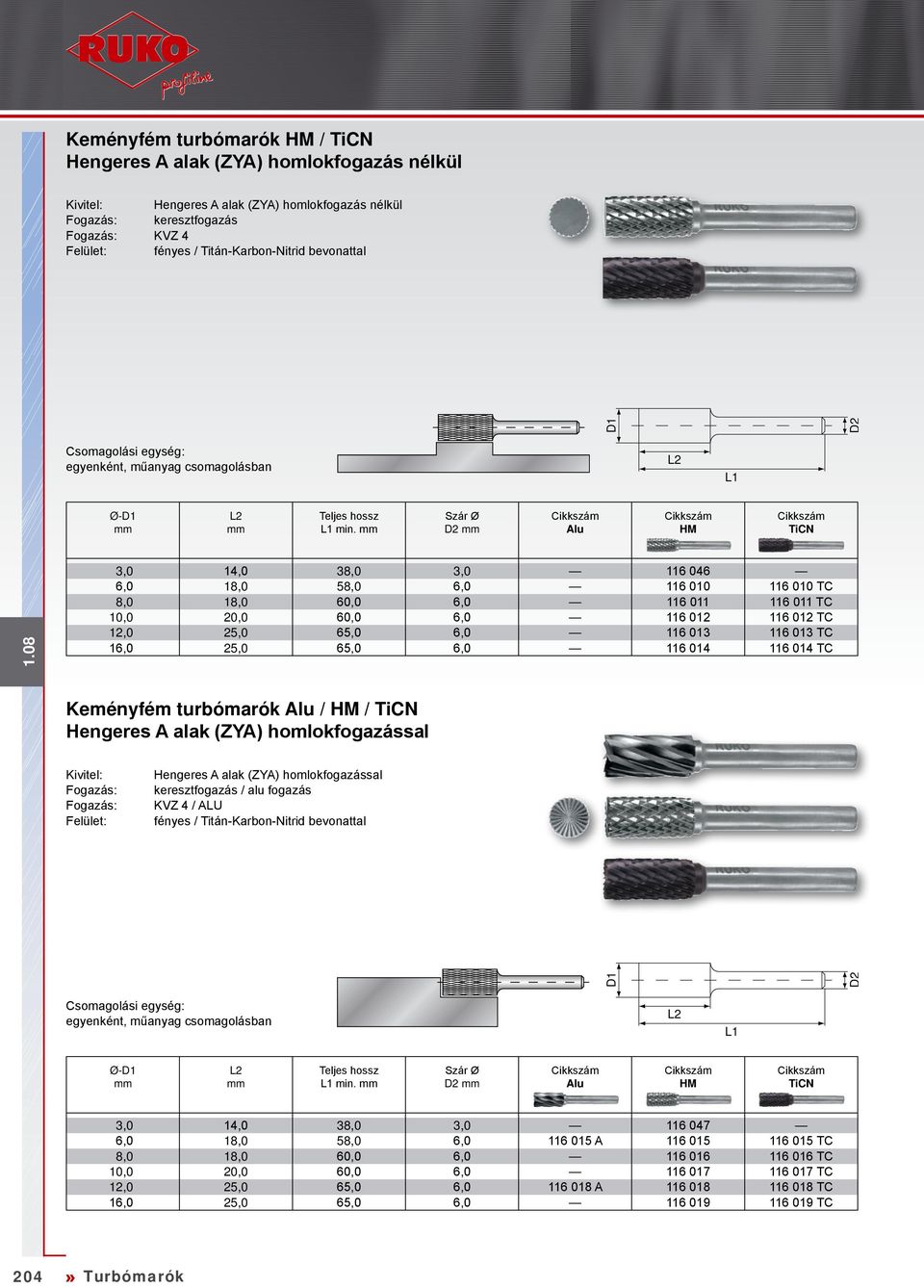 014 116 014 TC Keményfém turbómarók / / Hengeres A alak (ZYA) homlokfogazással Kivitel: Felület: Hengeres A alak (ZYA) homlokfogazással keresztfogazás / alu fogazás KVZ 4 / ALU fényes /