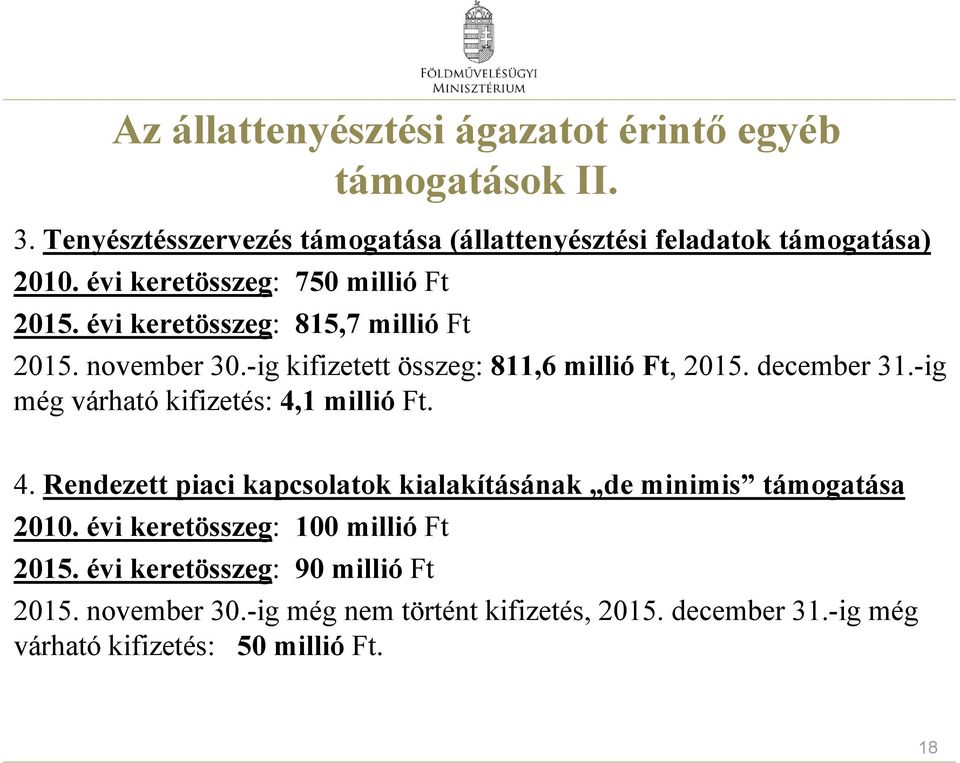december 31.-ig még várható kifizetés: 4,1 millió Ft. 4. Rendezett piaci kapcsolatok kialakításának de minimis támogatása 2010.