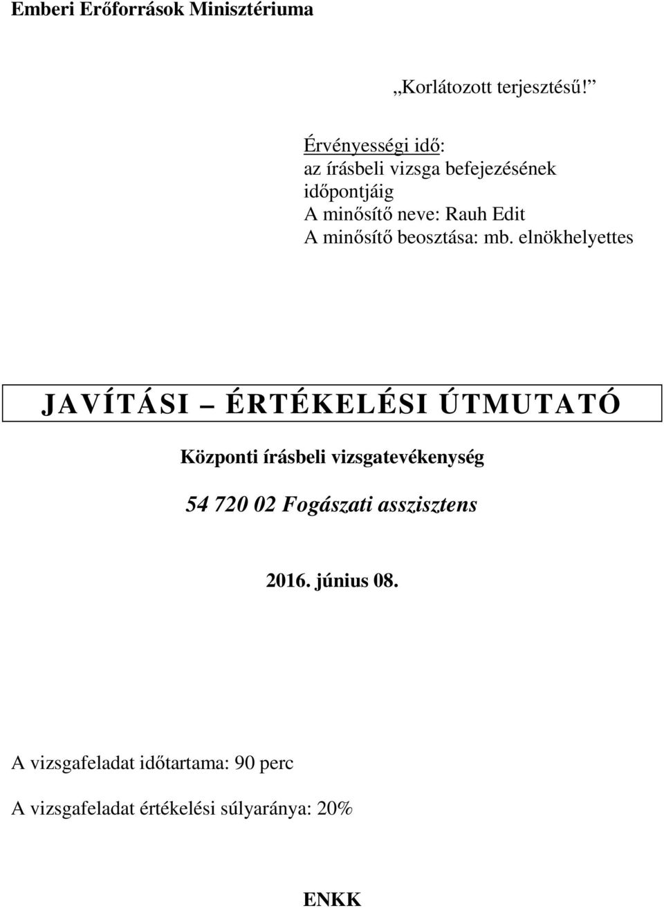 elnökhelyettes JAVÍTÁSI ÉRTÉKELÉSI ÚTMUTATÓ Központi írásbeli vizsgatevékenység 54 720 02