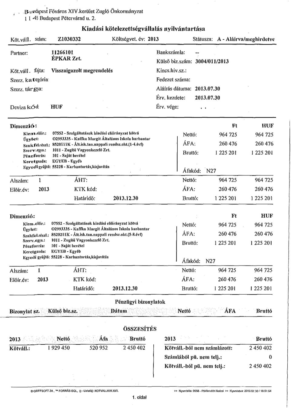 szám: 3004/011/2013 Kincs.hiv.sz.: Fedezet száma: Aláírás dátuma: 2013.07.30 Érv. kezdete: 2013.07.30 Érv. vége:.. Dimenzió: Kienn.etőir.