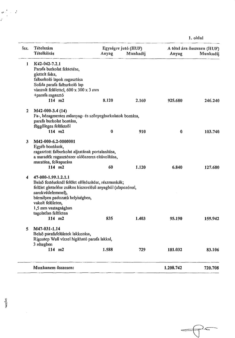 240 2 M42-000-3.4 (14) Fa-, hézagmentes műanyag- és szőnyegburkolatok bontása, parafa burkolat bontása, függőleges felületről 114 m2 0 910 0 103.740 3 M42-000-6.