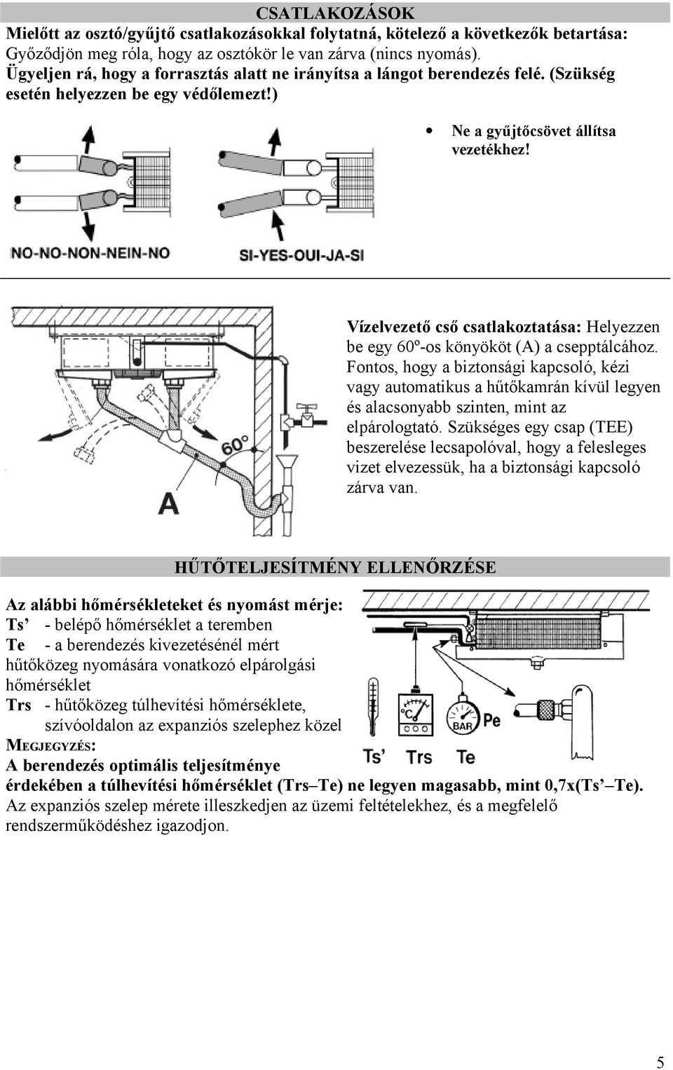 Vízelvezető cső csatlakoztatása: Helyezzen be egy 60º-os könyököt (A) a csepptálcához.