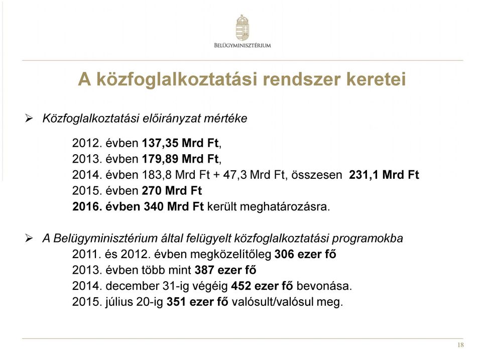 évben 340 Mrd Ft került meghatározásra. A Belügyminisztérium által felügyelt közfoglalkoztatási programokba 2011. és 2012.