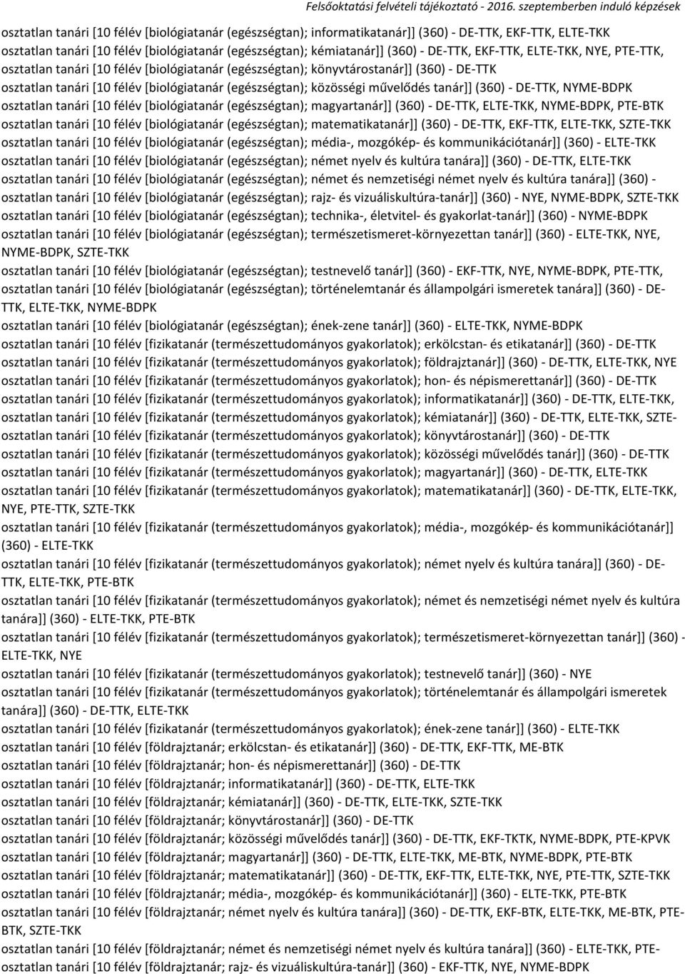 tanár]] (360) - DE-TTK, NYME-BDPK osztatlan tanári [10 félév [biológiatanár (egészségtan); magyartanár]] (360) - DE-TTK, ELTE-TKK, NYME-BDPK, PTE-BTK osztatlan tanári [10 félév [biológiatanár