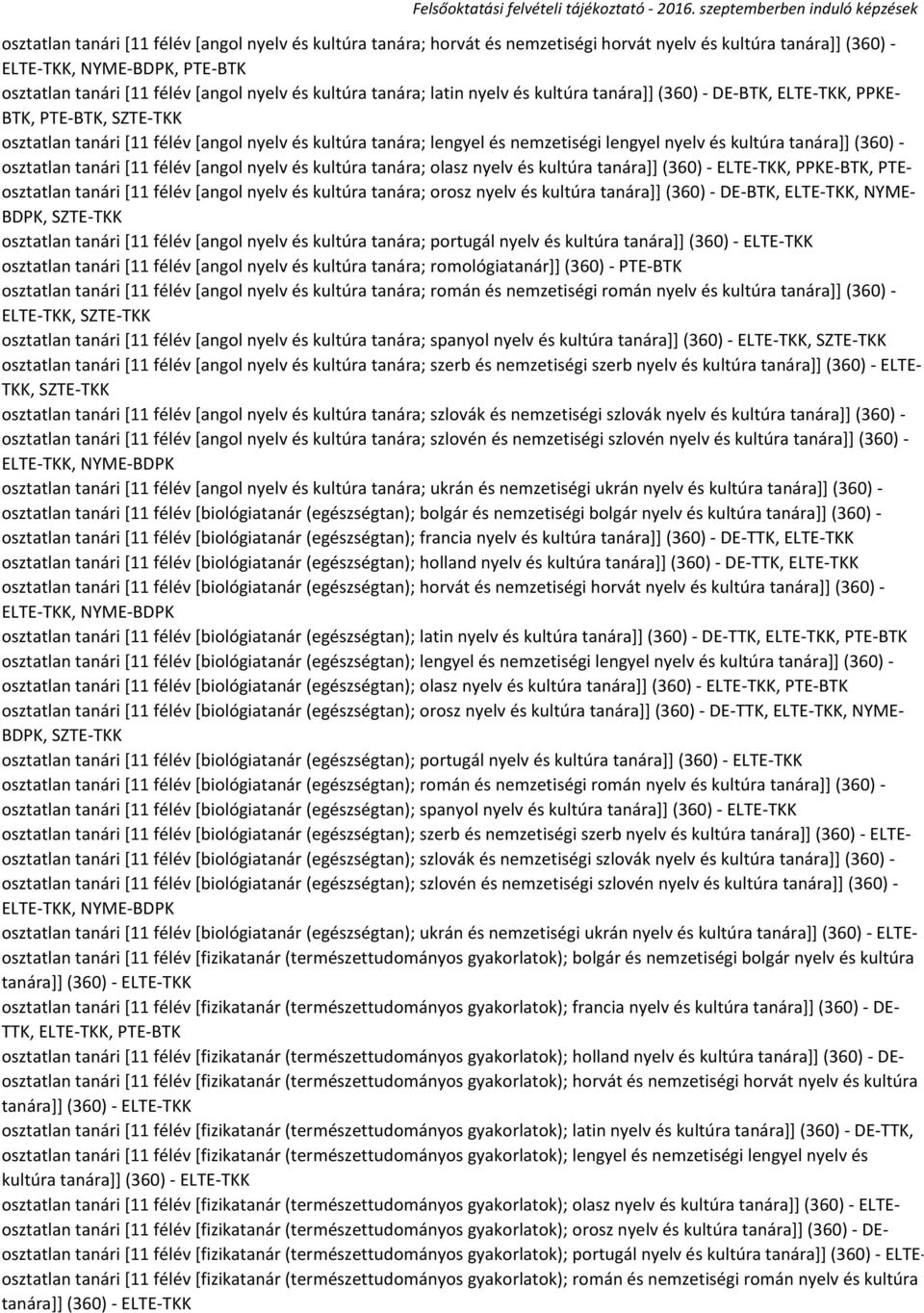 és kultúra tanára]] (360) - osztatlan tanári [11 félév [angol nyelv és kultúra tanára; olasz nyelv és kultúra tanára]] (360) - ELTE-TKK, PPKE-BTK, PTEosztatlan tanári [11 félév [angol nyelv és