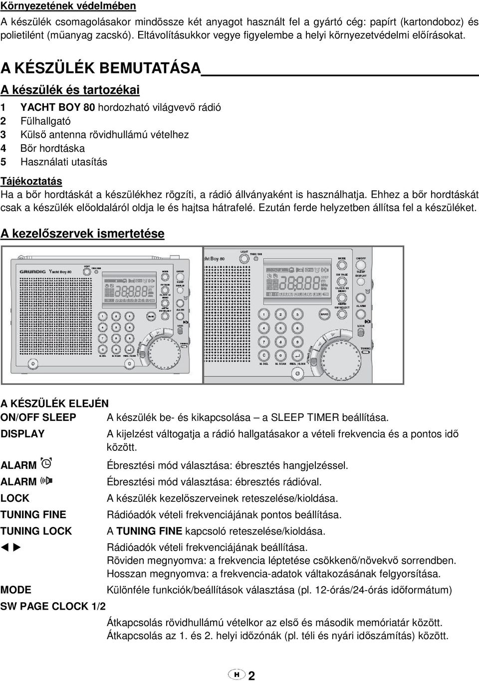 A KÉSZÜLÉK BEMUTATÁSA A készülék és tartozékai 1 YACHT BOY 80 hordozható világvevő rádió 2 Fülhallgató 3 Külső antenna rövidhullámú vételhez 4 Bőr hordtáska 5 Használati utasítás Tájékoztatás Ha a