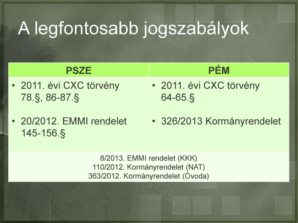 évi CXC törvény 64-65. 326/2013 Kormányrendelet 8/2013.