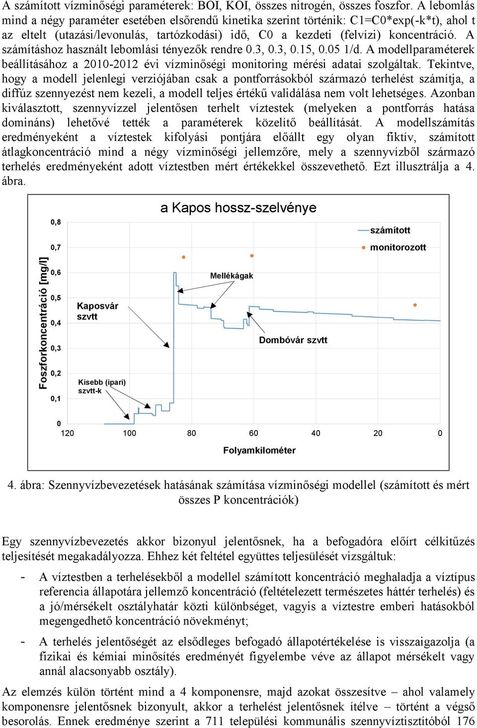 A számításhoz használt lebomlási tényezők rendre 0.3, 0.3, 0.15, 0.05 1/d. A modellparaméterek beállításához a 2010-2012 évi vízminőségi monitoring mérési adatai szolgáltak.