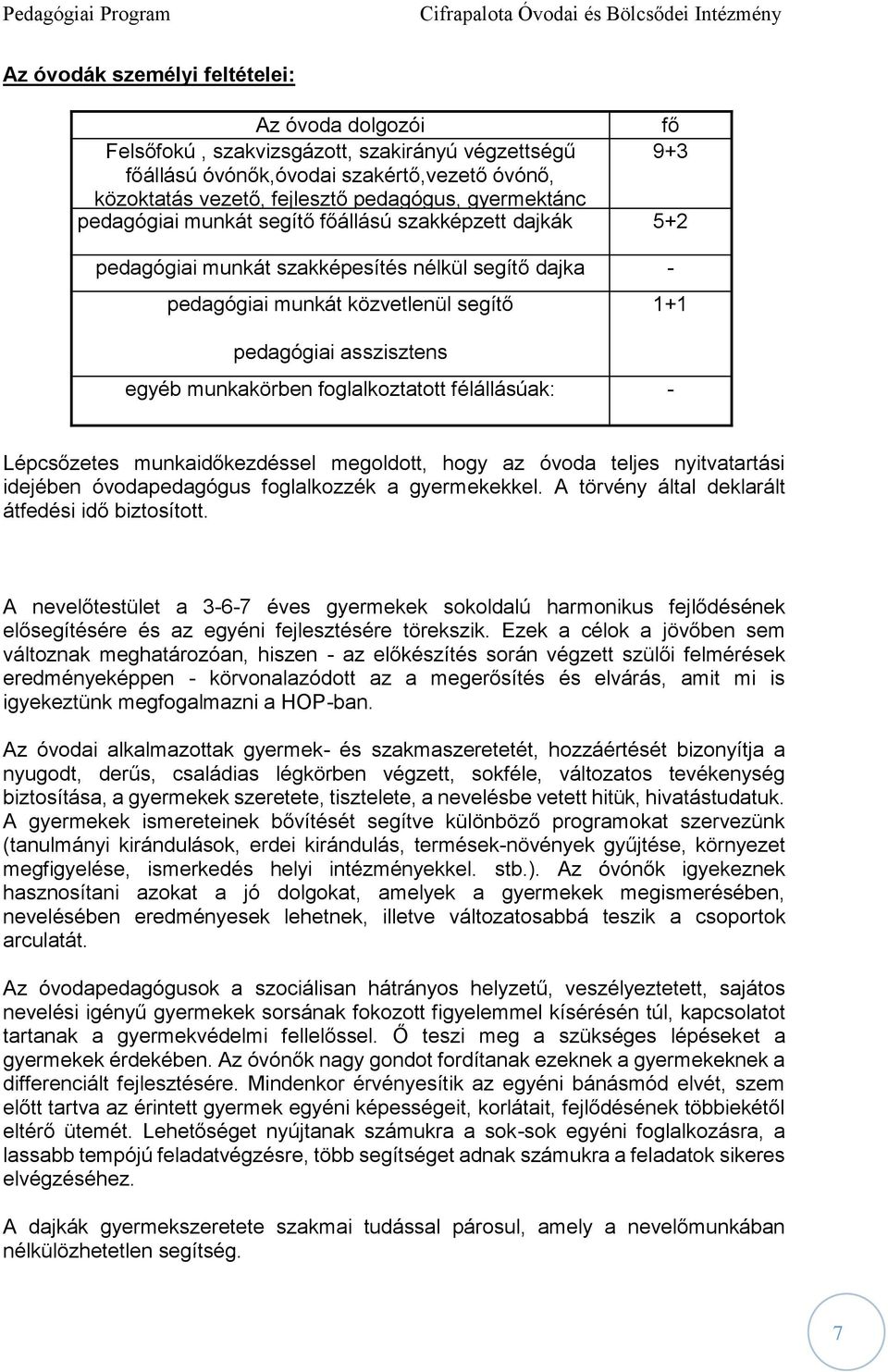 munkakörben foglalkoztatott félállásúak: - 1+1 Lépcsőzetes munkaidőkezdéssel megoldott, hogy az óvoda teljes nyitvatartási idejében óvodapedagógus foglalkozzék a gyermekekkel.