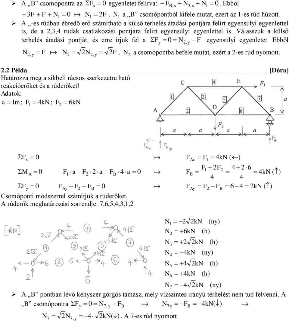 Válasszuk a külső terhelés átadás pontját, és erre írjuk fel a 0 N egensúl egenletet. Ebből, N, N N,. N a csomópontba befele mutat, ezért a -es rúd nomott.