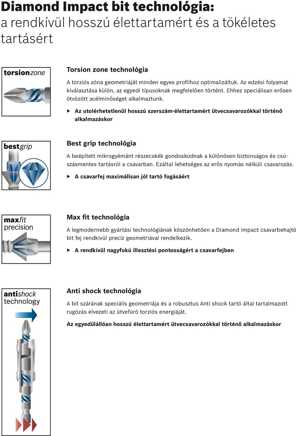 Az utolérhetetlenül hosszú szerszám-élettartamért ütvecsavarozókkal történő alkalmazáskor Best grip technológia A beépített mikrogyémánt részecskék gondoskodnak a különösen biztonságos és