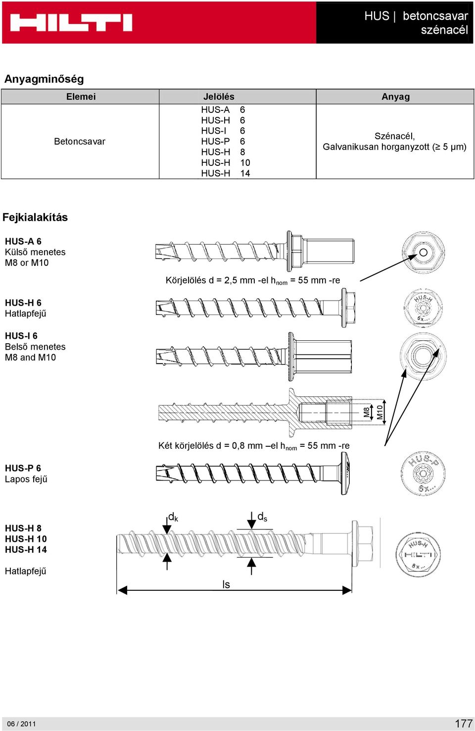 or M10 Körjelölés d = 2,5 mm -el h nom = 55 mm -re HUS-H 6 Hatlapfejű HUS-I 6 Belső menetes M8 and M10 Két