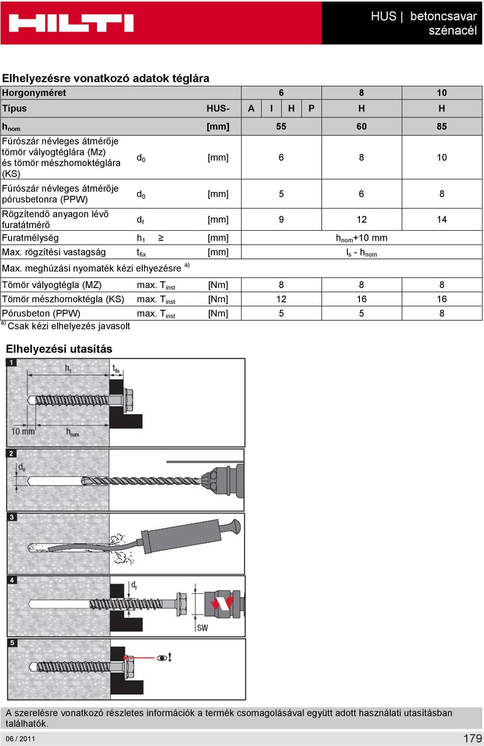 rögzítési vastagság t fix [mm] l s - h nom Max. meghúzási nyomaték kézi elhyezésre a) Tömör vályogtégla (MZ) max. T inst [Nm] 8 8 8 Tömör mészhomoktégla (KS) max.