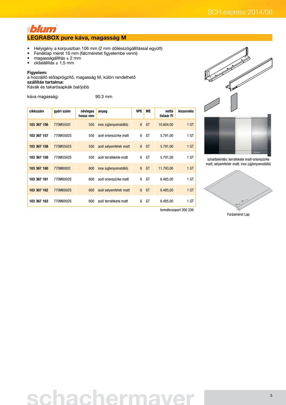 3 cikkszám gyári szám névleges hossz anyag VPE ME nettó 103 367 156 770M5502I 550 inox (ujjlenyomatálló) 6 GT 10.604,00 1 GT 103 367 157 770M5502S 550 acél orionszürke matt 6 GT 5.