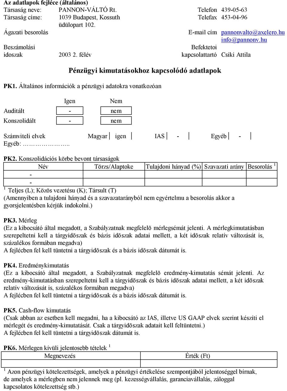 Általános információk a pénzügyi adatokra vonatkozóan Igen Nem Auditált - nem Konszolidált - nem Számviteli elvek Magyar igen IAS - Egyéb - Egyéb:.. PK2.