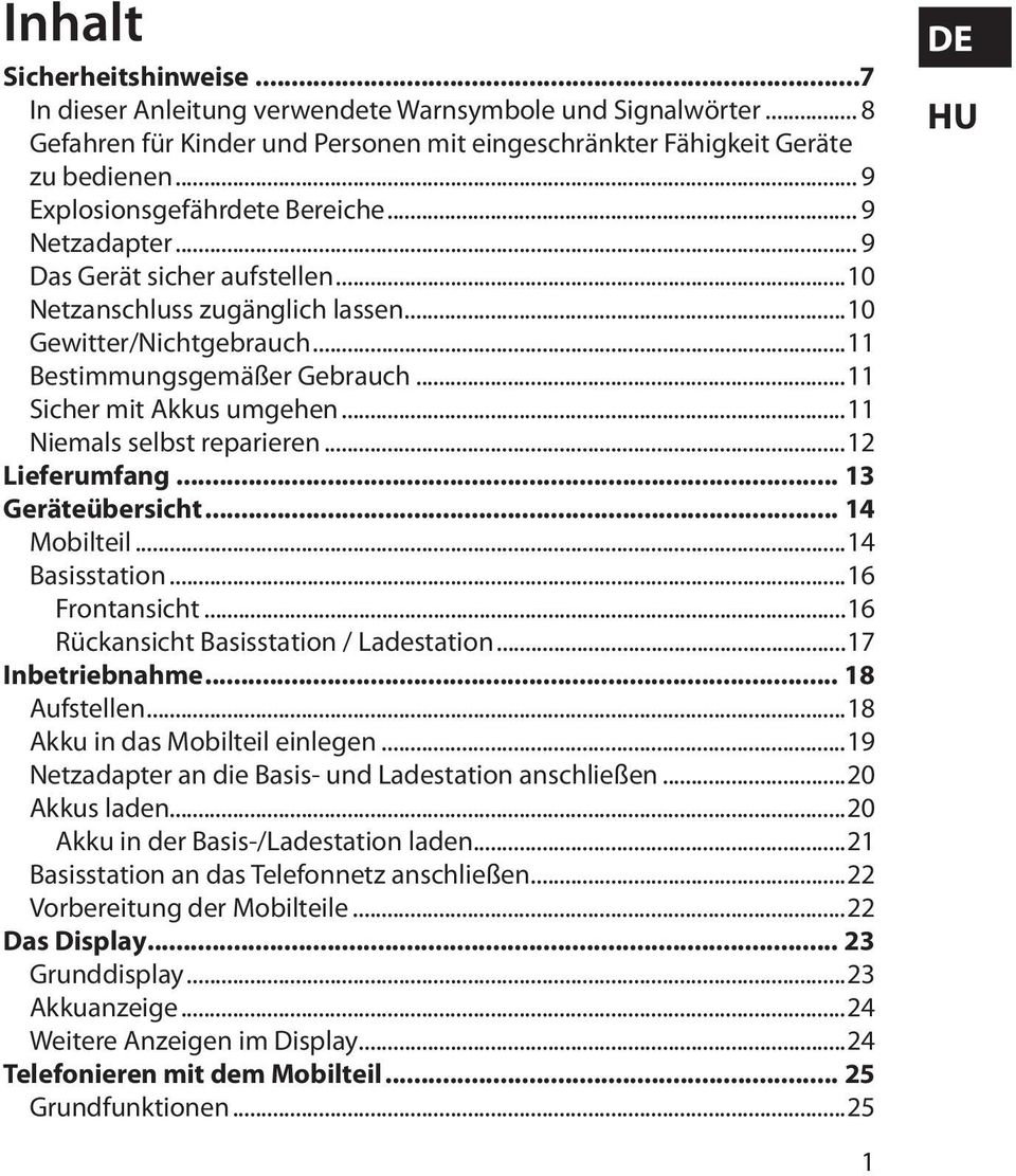 ..11 Sicher mit Akkus umgehen...11 Niemals selbst reparieren...12 Lieferumfang... 13 Geräteübersicht... 14 Mobilteil...14 Basisstation...16 Frontansicht...16 Rückansicht Basisstation / Ladestation.