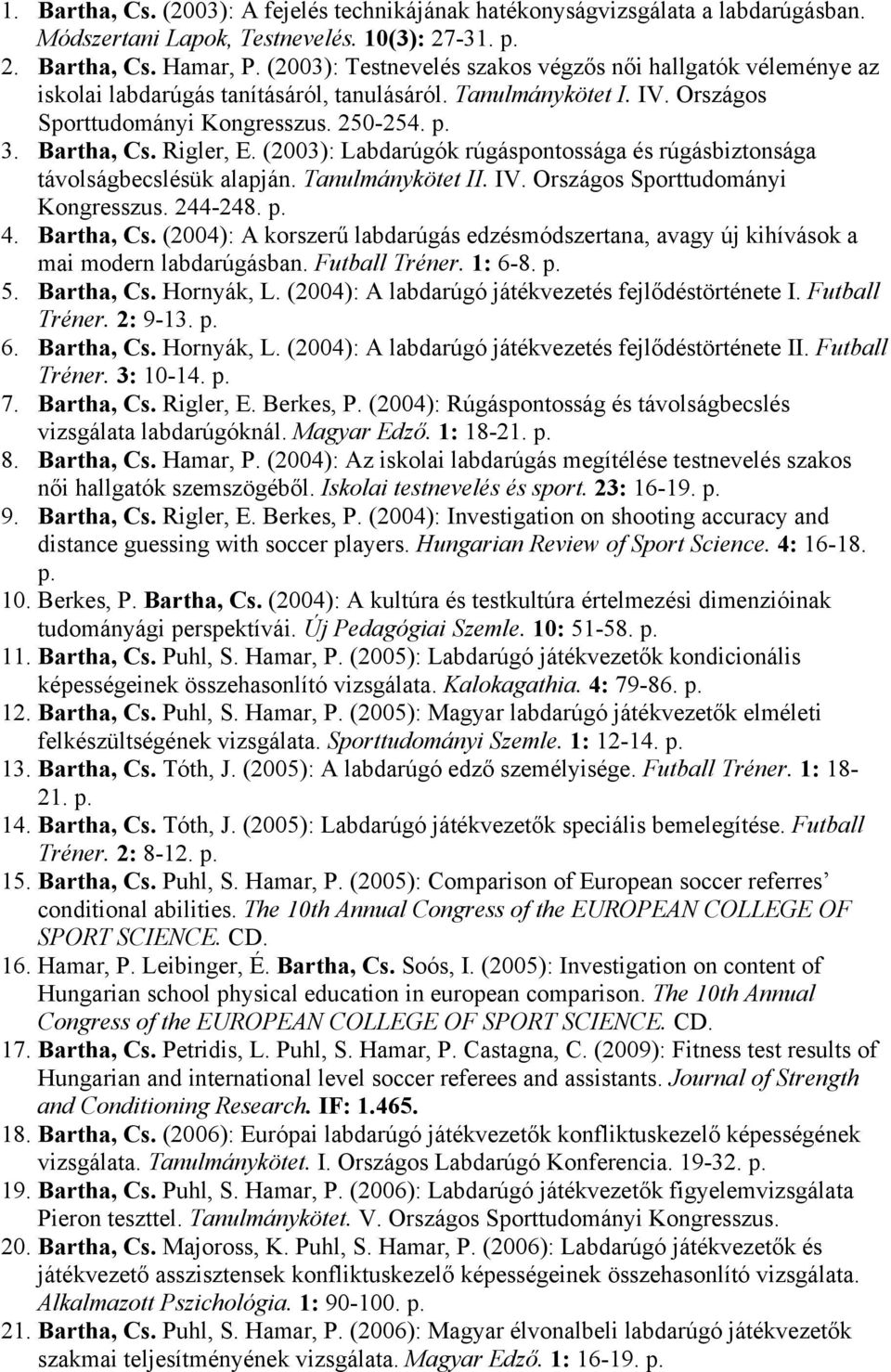 Rigler, E. (2003): Labdarúgók rúgáspontossága és rúgásbiztonsága távolságbecslésük alapján. Tanulmánykötet II. IV. Országos Sporttudományi Kongresszus. 244-248. p. 4. Bartha, Cs.