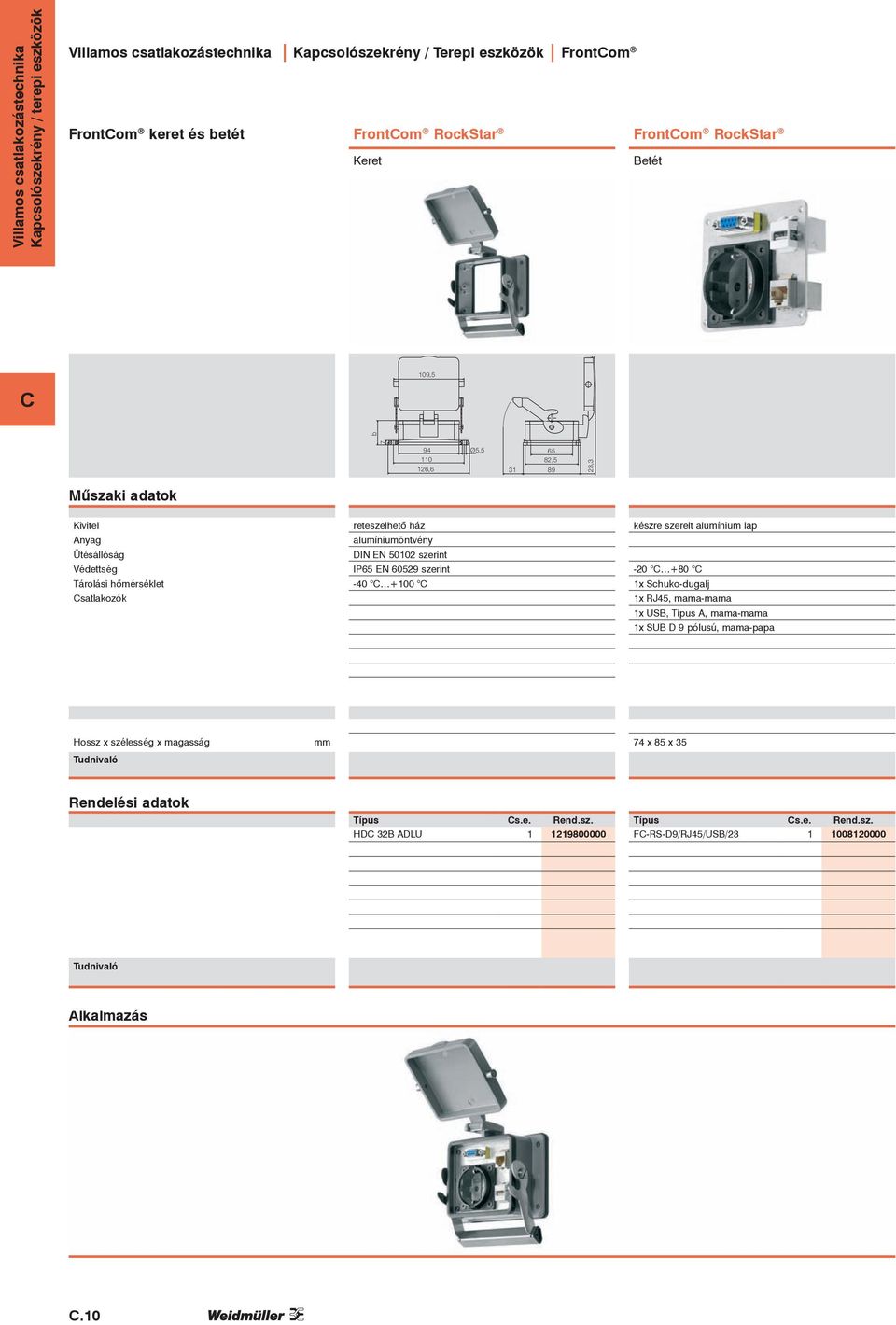 szerint IP65 EN 60529 szerint -40 +100 készre szerelt alumínium lap 1x Schuko-dugalj 1x RJ45, mama-mama 1x USB,