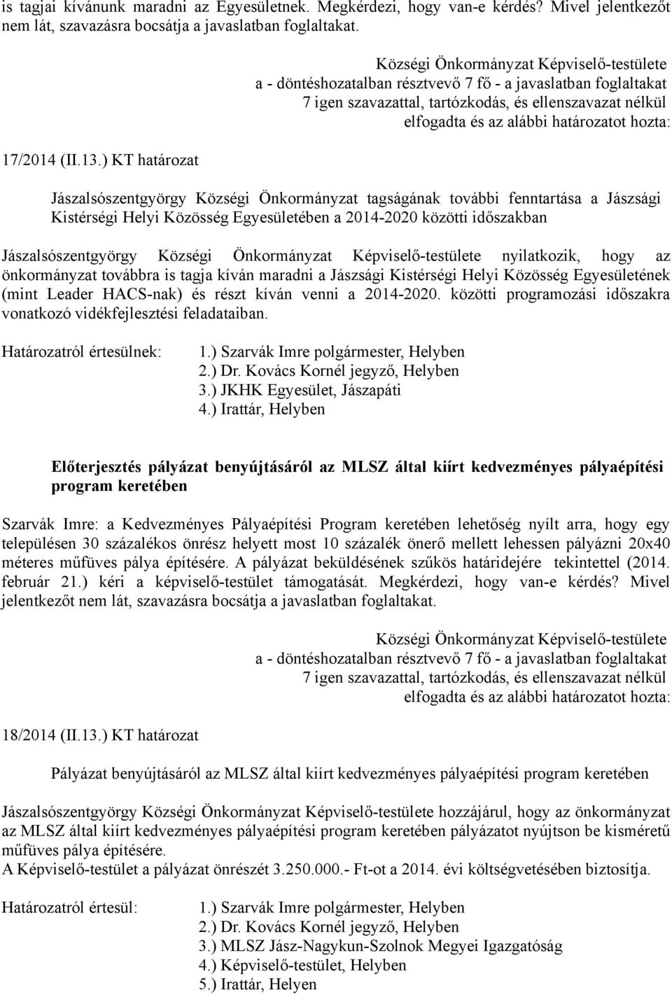 Egyesületében a 2014-2020 közötti időszakban Jászalsószentgyörgy nyilatkozik, hogy az önkormányzat továbbra is tagja kíván maradni a Jászsági Kistérségi Helyi Közösség Egyesületének (mint Leader