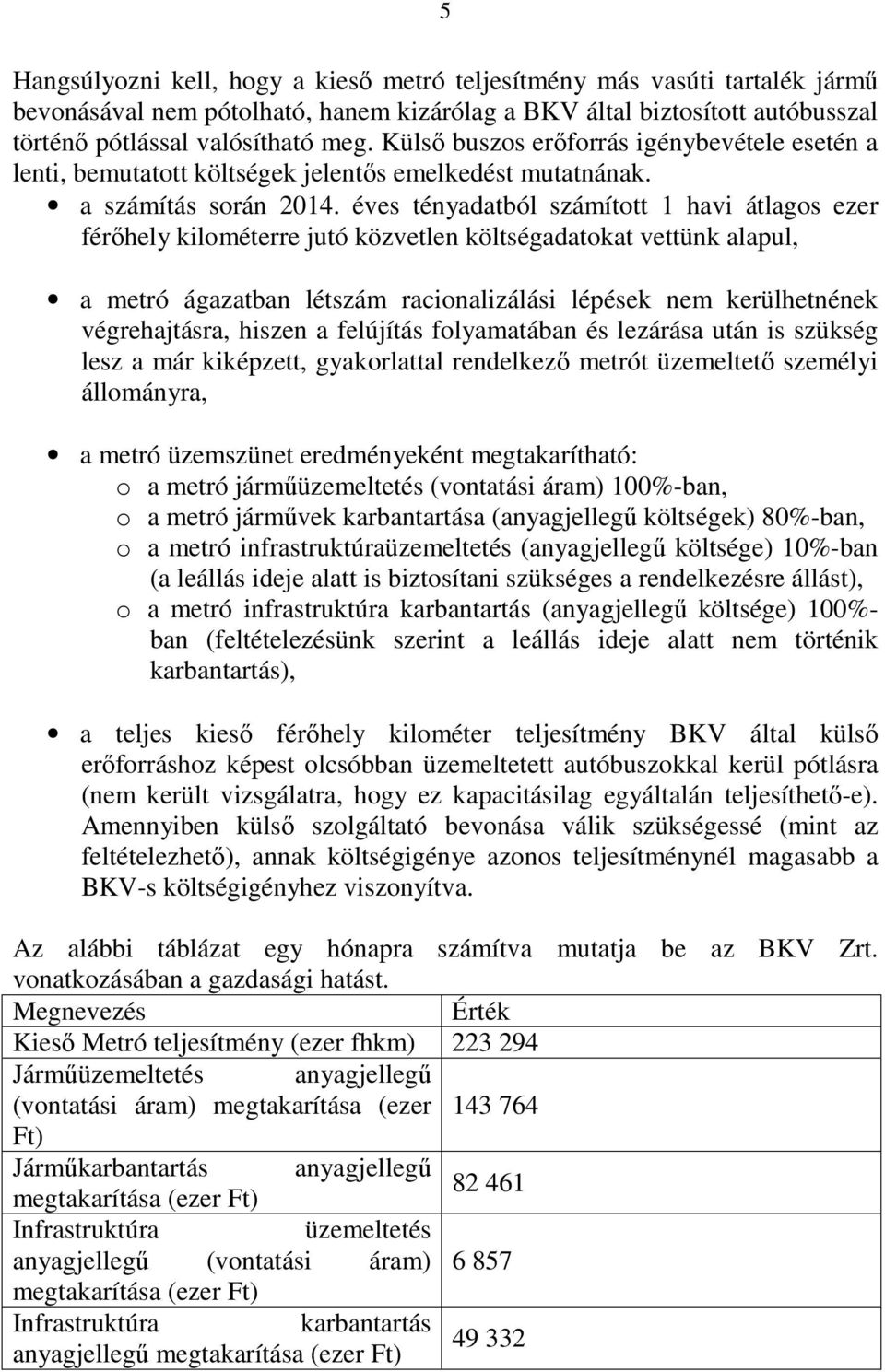 éves tényadatból számított 1 havi átlagos ezer férőhely kilométerre jutó közvetlen költségadatokat vettünk alapul, a metró ágazatban létszám racionalizálási lépések nem kerülhetnének végrehajtásra,