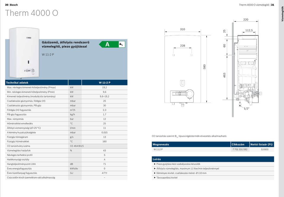 névleges kimeneti hőteljesítmény (Pmin) kw 9,6 Kimeneti teljesítmény (modulációs tartomány) kw 9,6 19,2 Csatlakozási gáznyomás, földgáz (H) mbar 25 Csatlakozási gáznyomás, PB-gáz mbar 30 Földgáz (H)