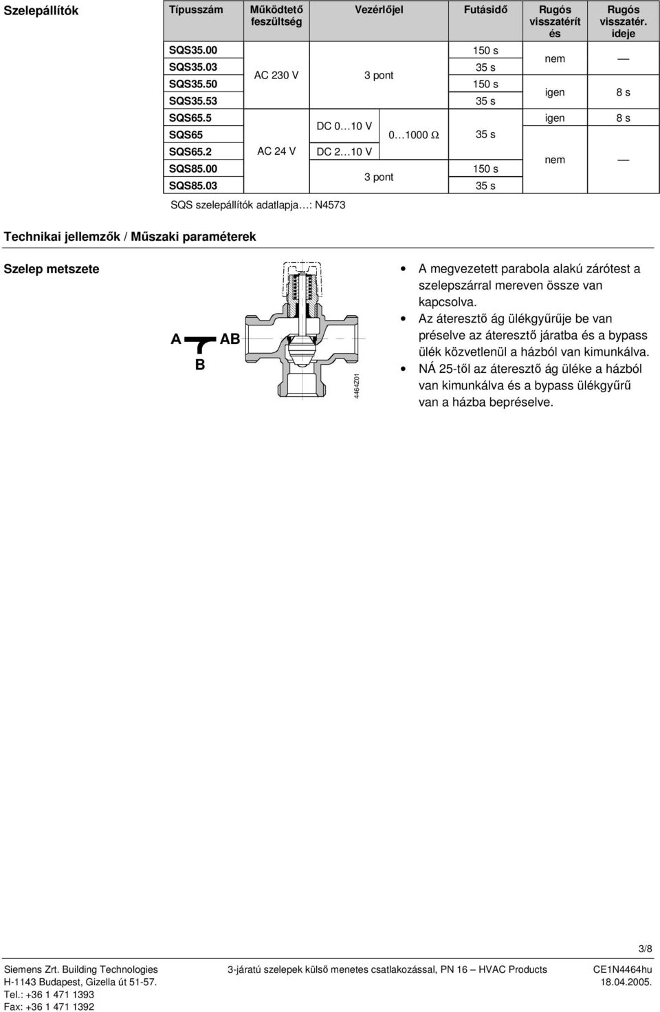 03 AC 24 V DC 2 0 V SQS szelepállítók adatlapja : N4573 3 pont 50 s 35 s igen 8 s nem Technikai jellemzők / Műszaki paraméterek Szelep metszete A 4464Z0 A megvezetett parabola